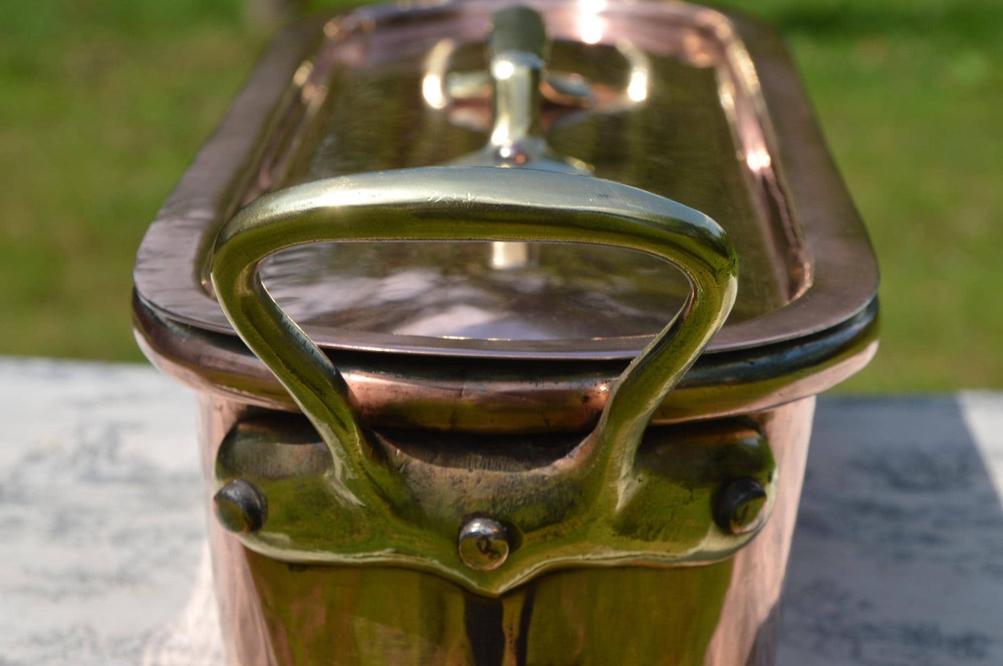 Antique French Copper Pan Pot New Hand Wiped Tin Cast Bronze Handle Fish Kettle Fish Poacher Insert Tray Poissonniere Fish Pan Rolled Rim