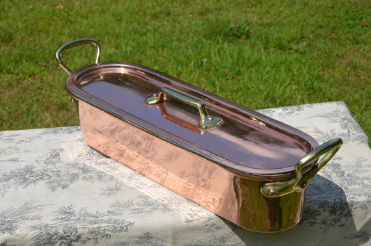Antique French Copper Pan Pot New Hand Wiped Tin Cast Bronze Handle Fish Kettle Fish Poacher Insert Tray Poissonniere Fish Pan Rolled Rim