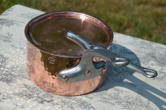 Vintage Chomette Favor Saucepan French Copper 16cm 6 1/4 inch 3mm New Tin Lined Professional Sauce Pan Cast Iron Handle Plus Antique Lid