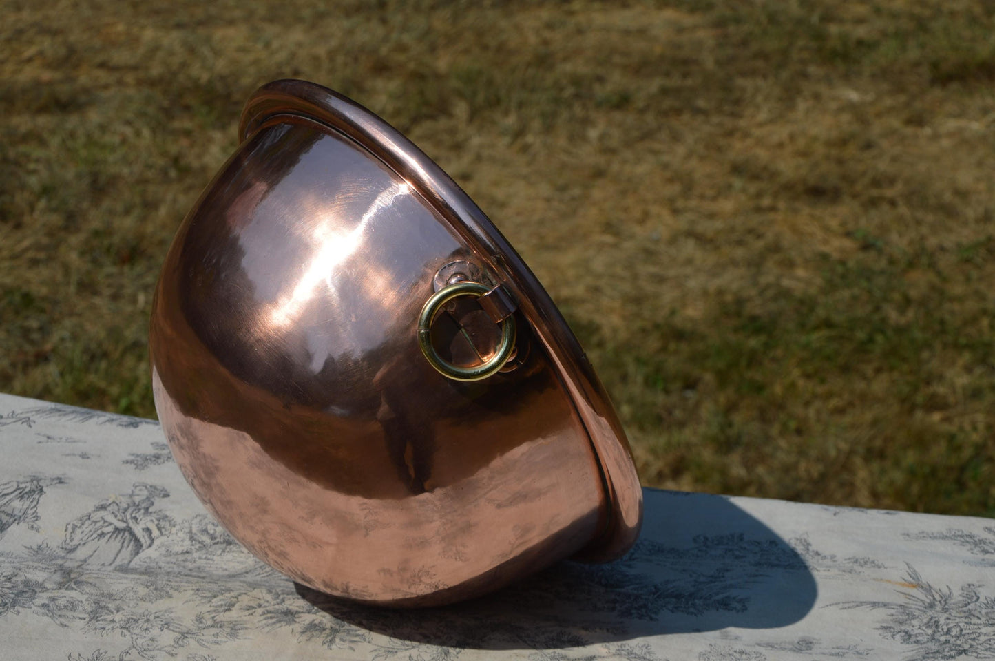 Antique Copper Bowl Cul De Poule 28cm 11" Big French Copper Full Round Mixing Bronze Ring Handle Heavy Solid Rolltop Ring Dents