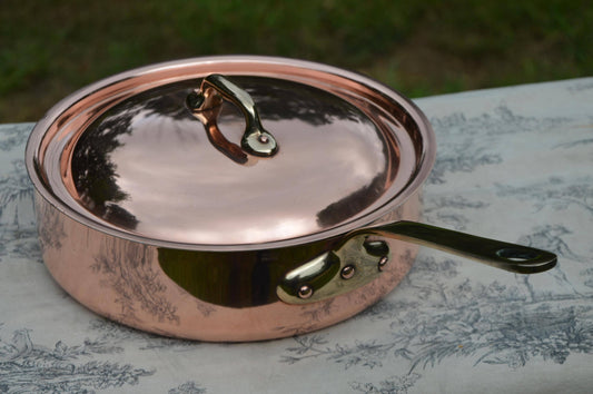Vintage Saute Pan New Tin Villedieu 1.6mm French Copper Pan 24cm 9 1/2" Professional Saute Bronze Handles Lid Quality New Villedieu Tin