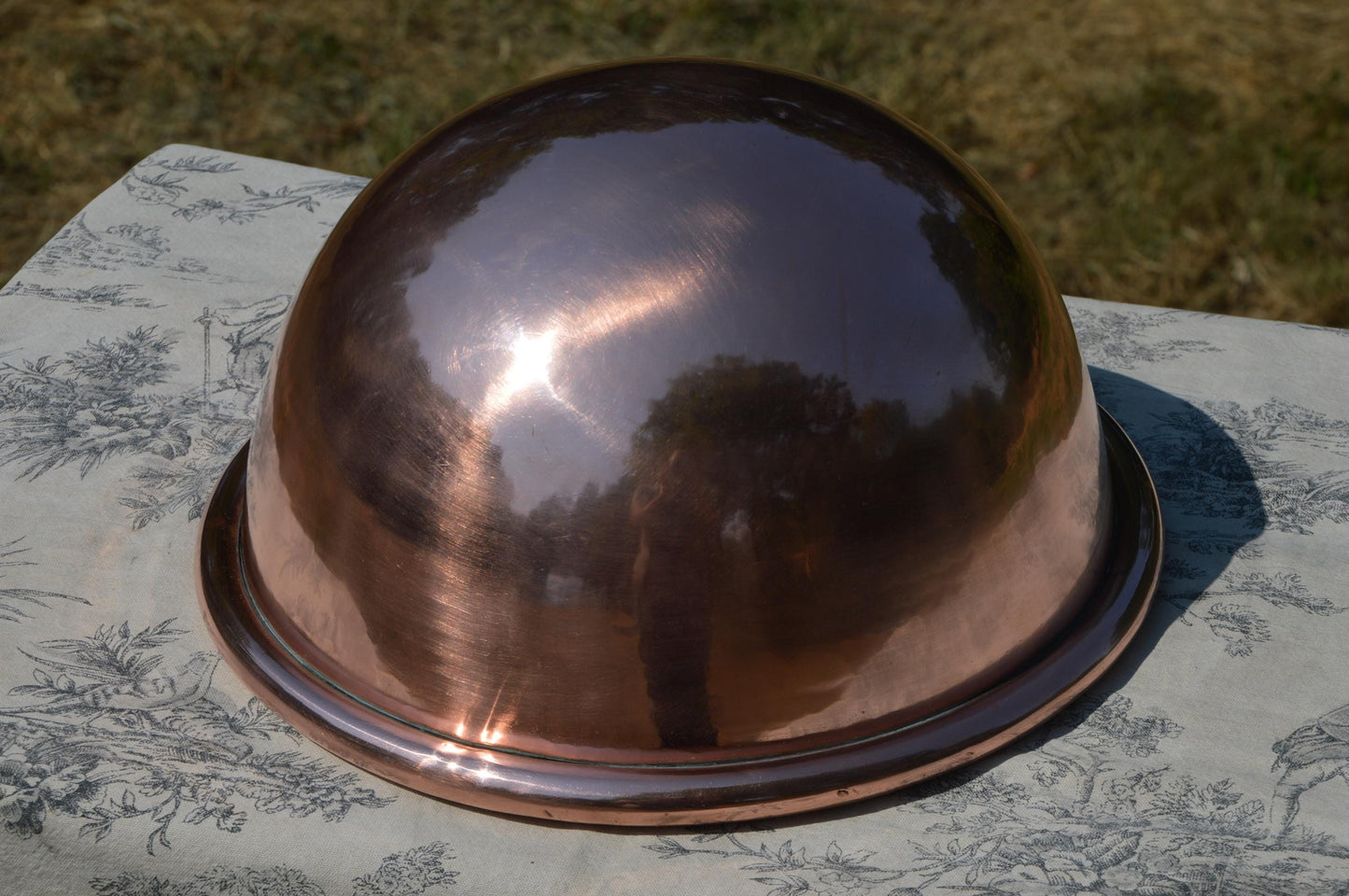 Antique Copper Bowl Cul De Poule 28cm 11" Big French Copper Full Round Mixing Bronze Ring Handle Heavy Solid Rolltop Ring Dents