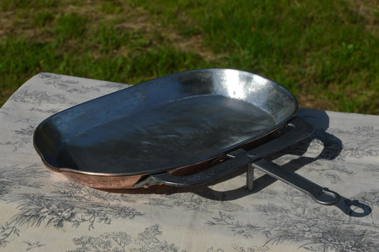 Antique Copper Lechefrite: Refurbished French Roasting Pan with Wrought Iron Handle