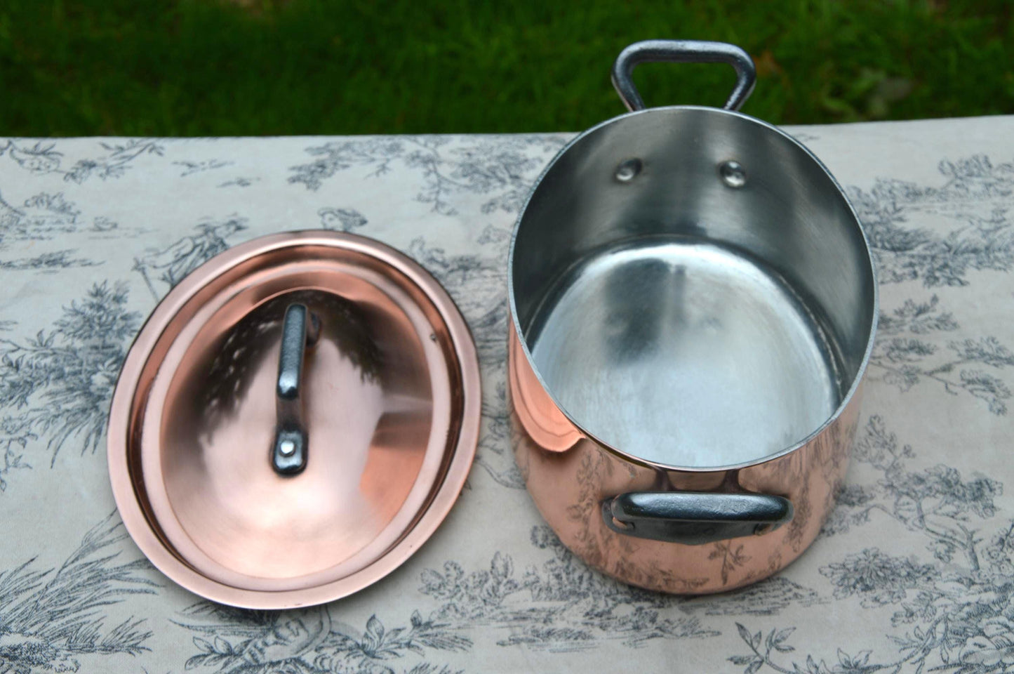Antique Copper Casserole: French Oval Pot with Cast Iron Handles