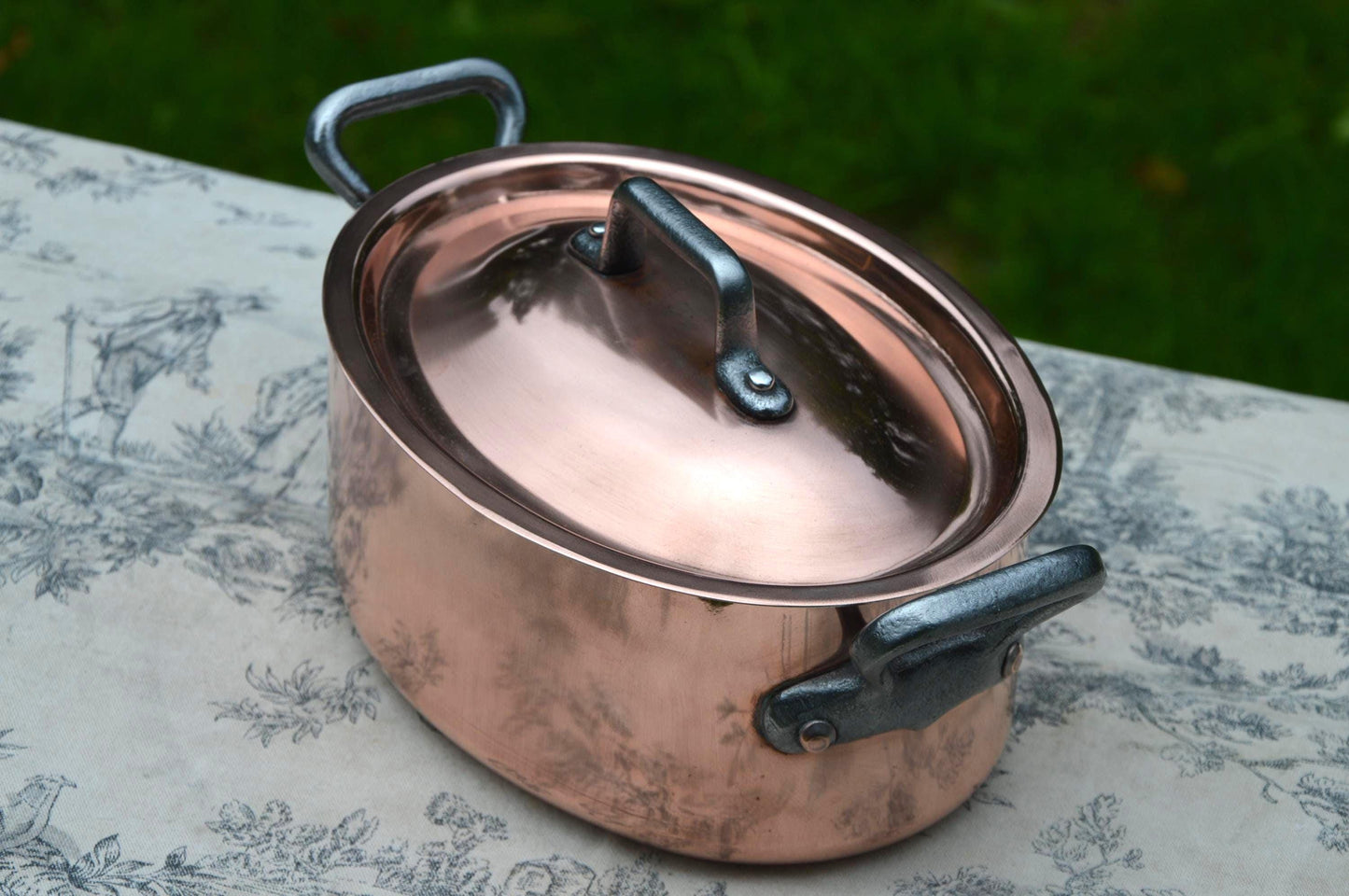 Antique Copper Casserole: French Oval Pot with Cast Iron Handles