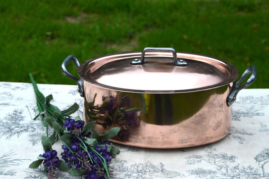 Antique Copper Casserole: French Oval Pot with Cast Iron Handles 24cm