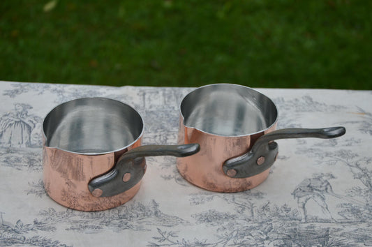 Two Antique French Copper Pans Patisserie Milk Bain Marie Sauce Professional 5" High 1.7mm Copper Refurbished New Artisan Hand Wiped Tin