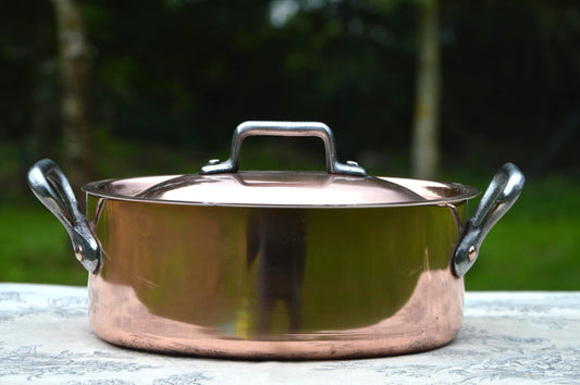Antique Copper Casserole: French Oval Pot with Cast Iron Handles