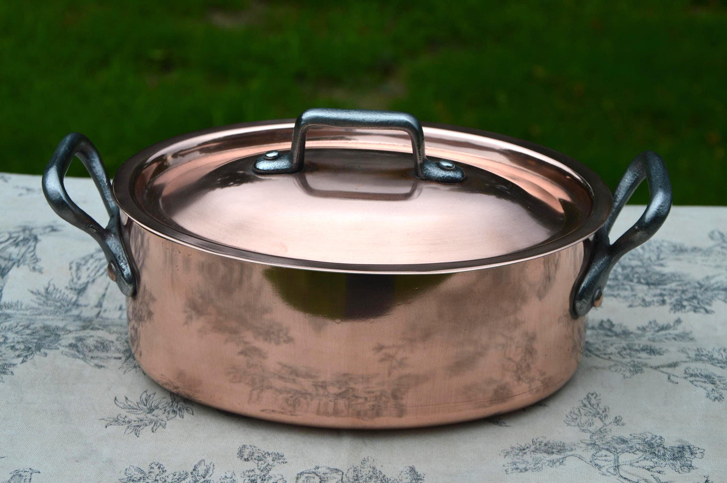 Antique Copper Casserole: French Oval Pot with Cast Iron Handles