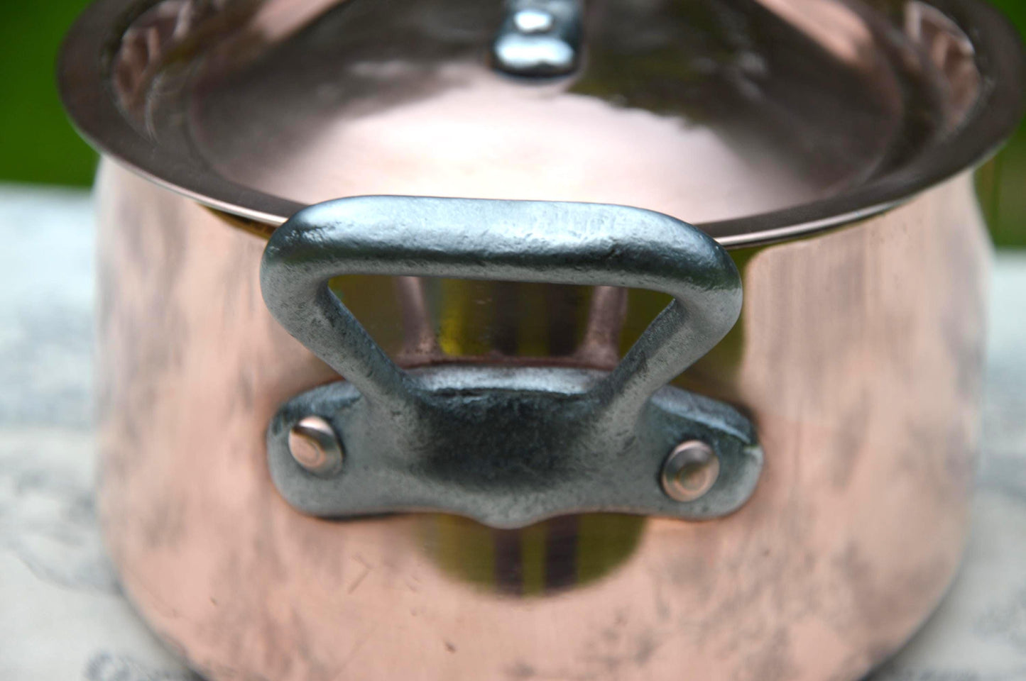 Antique Copper Casserole: French Oval Pot with Cast Iron Handles