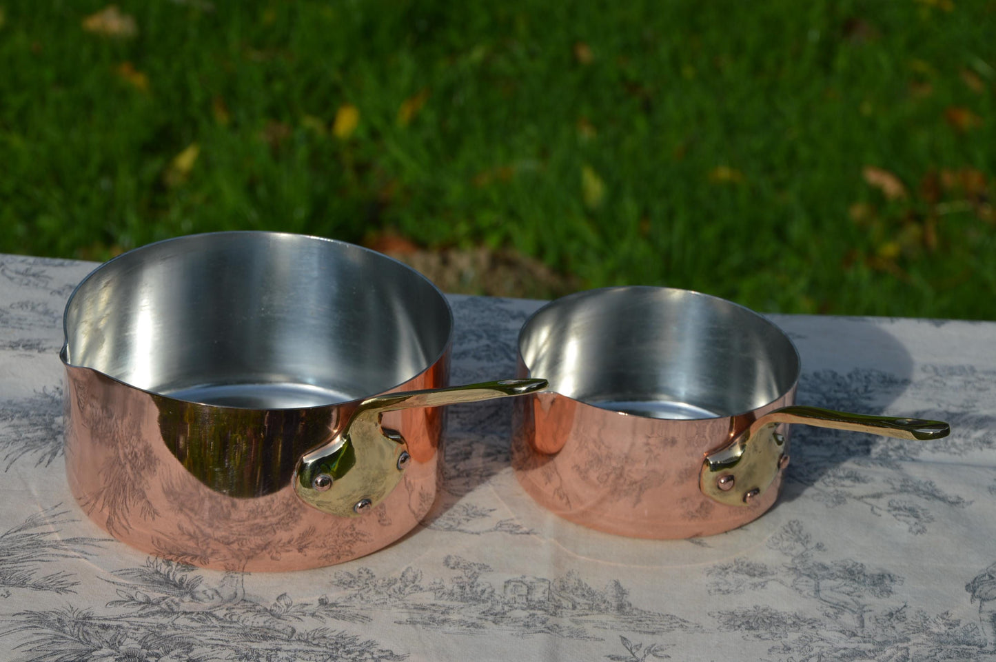 Two Copper Saucepans With Pouring Lips New Hand Wiped Tin 12cm and 16cm Bronze Handles Copper Rivets Superb Chef Pair