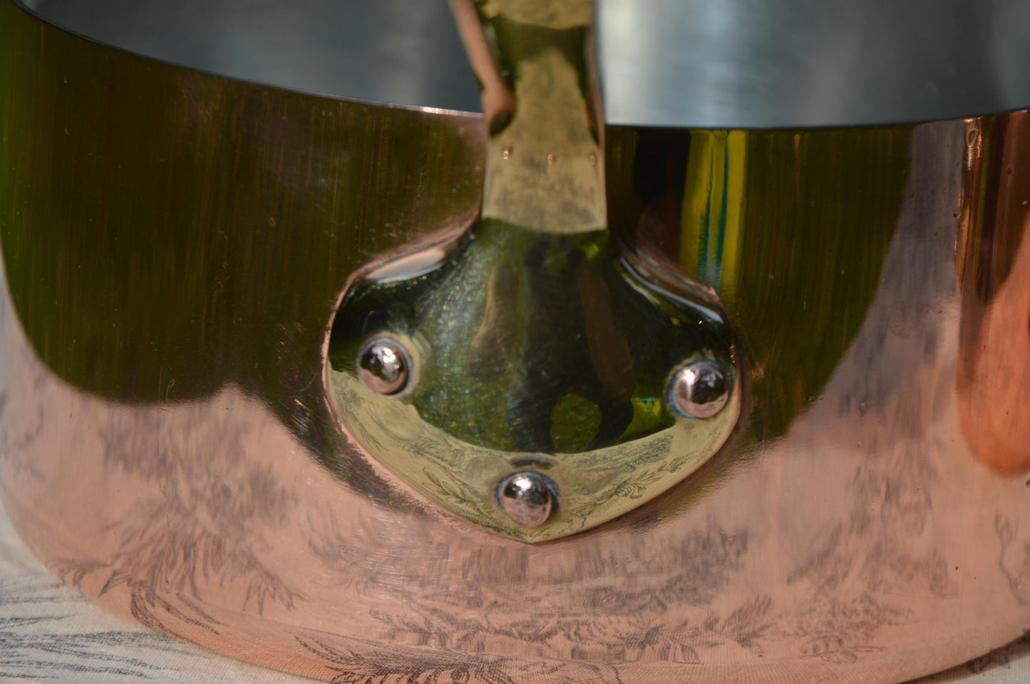 Two Copper Saucepans With Pouring Lips New Hand Wiped Tin 12cm and 16cm Bronze Handles Copper Rivets Superb Chef Pair