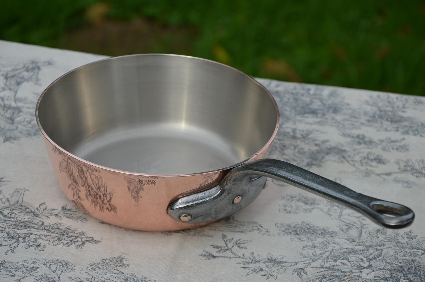 Vintage French Copper Sauté Sauteuse Evasee Pan: Nickel Lined, Cast Iron Handle