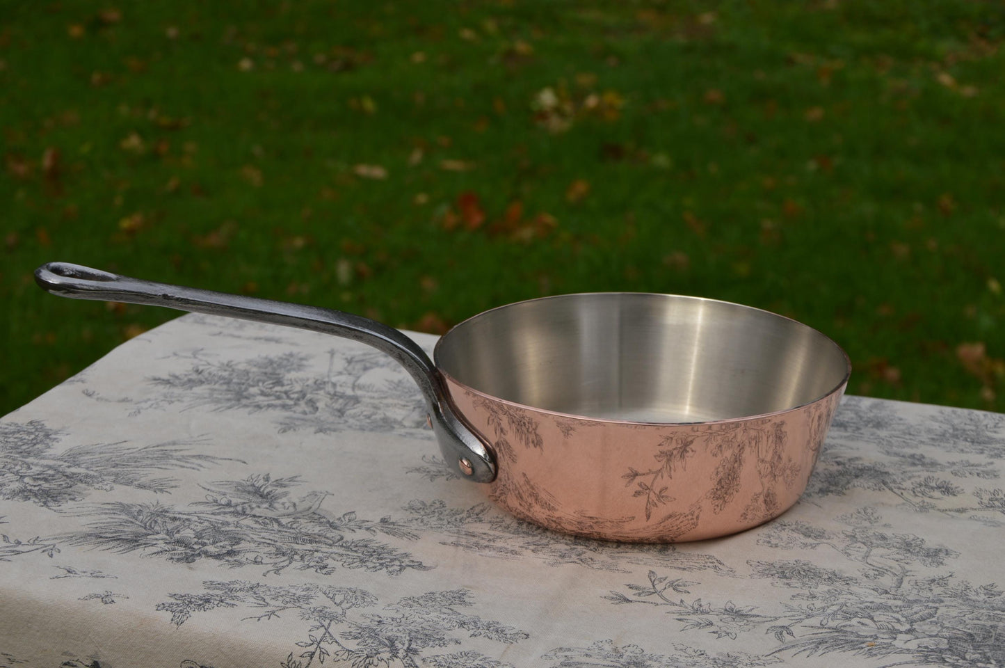 Vintage French Copper Sauté Sauteuse Evasee Pan: Nickel Lined, Cast Iron Handle