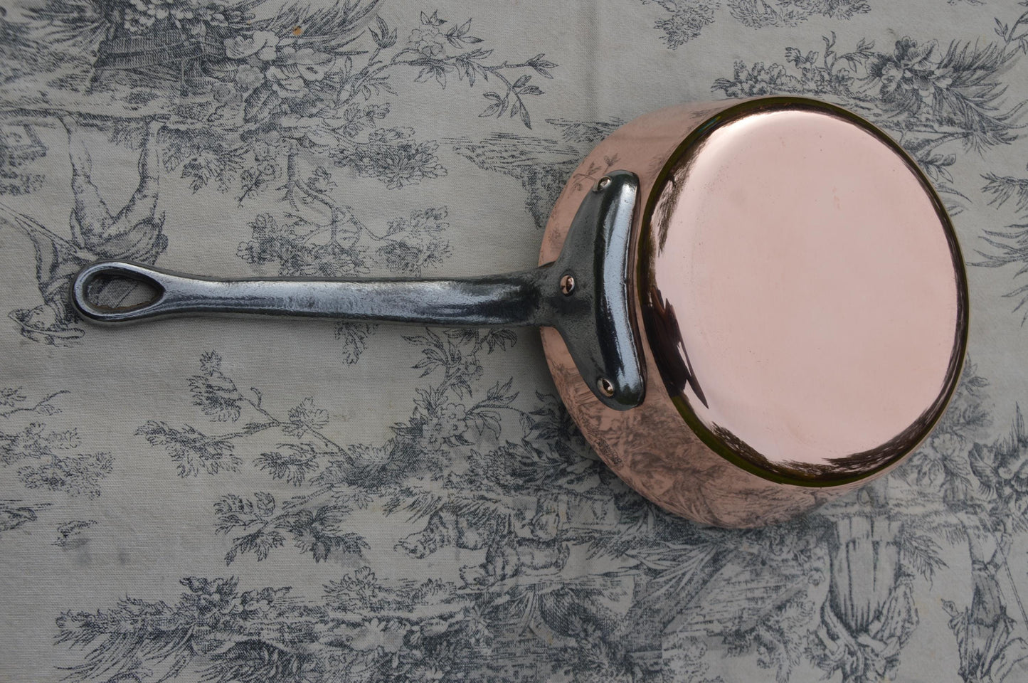 Vintage French Copper Sauté Sauteuse Evasee Pan: Nickel Lined, Cast Iron Handle