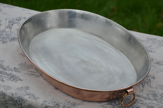 Antique Copper Gratin Pan, Hand-Raised Tin Oven Dish, Oval 38cm