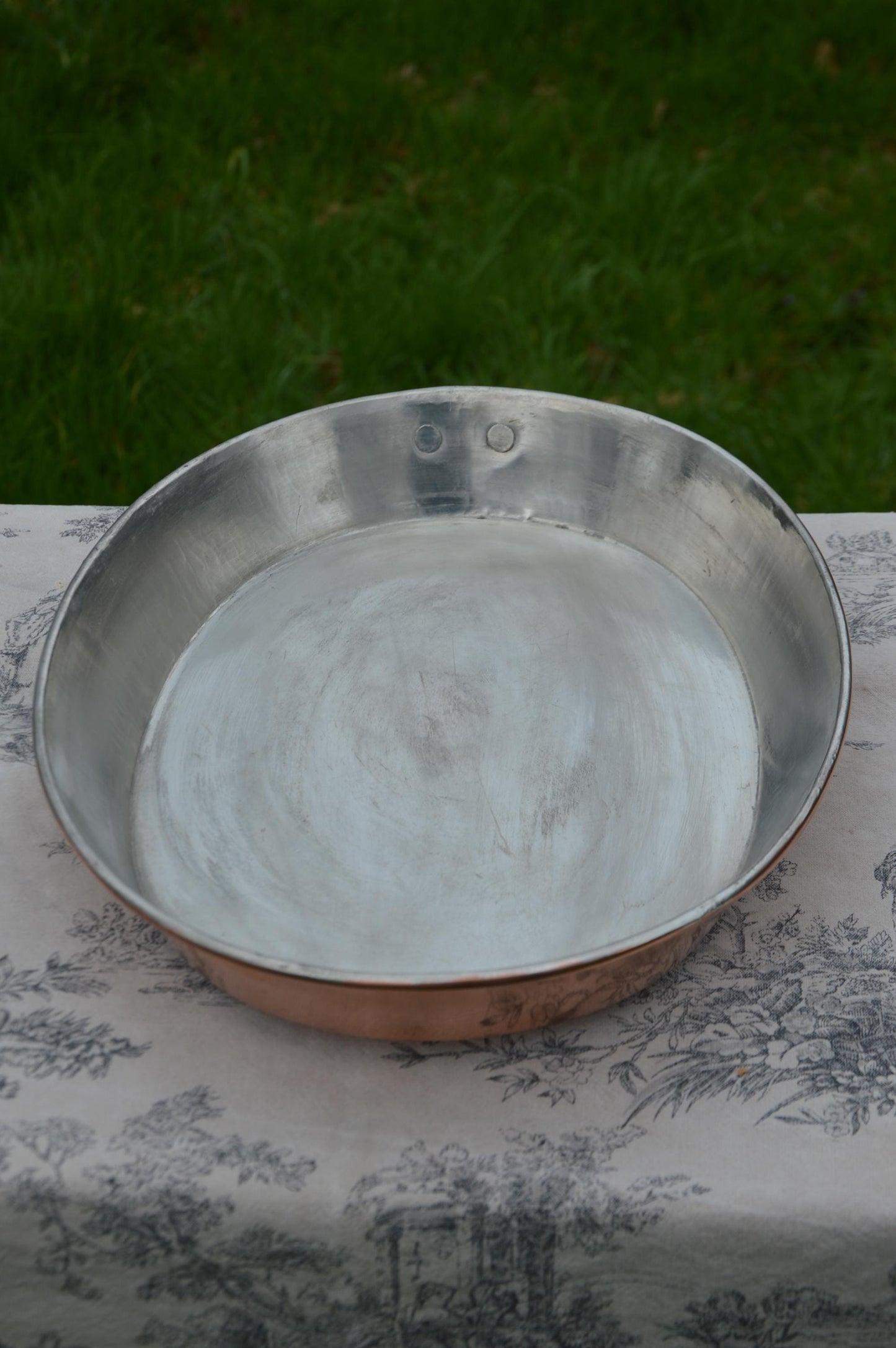 Antique Copper Gratin Pan, Hand-Raised Tin Oven Dish, Oval 38cm