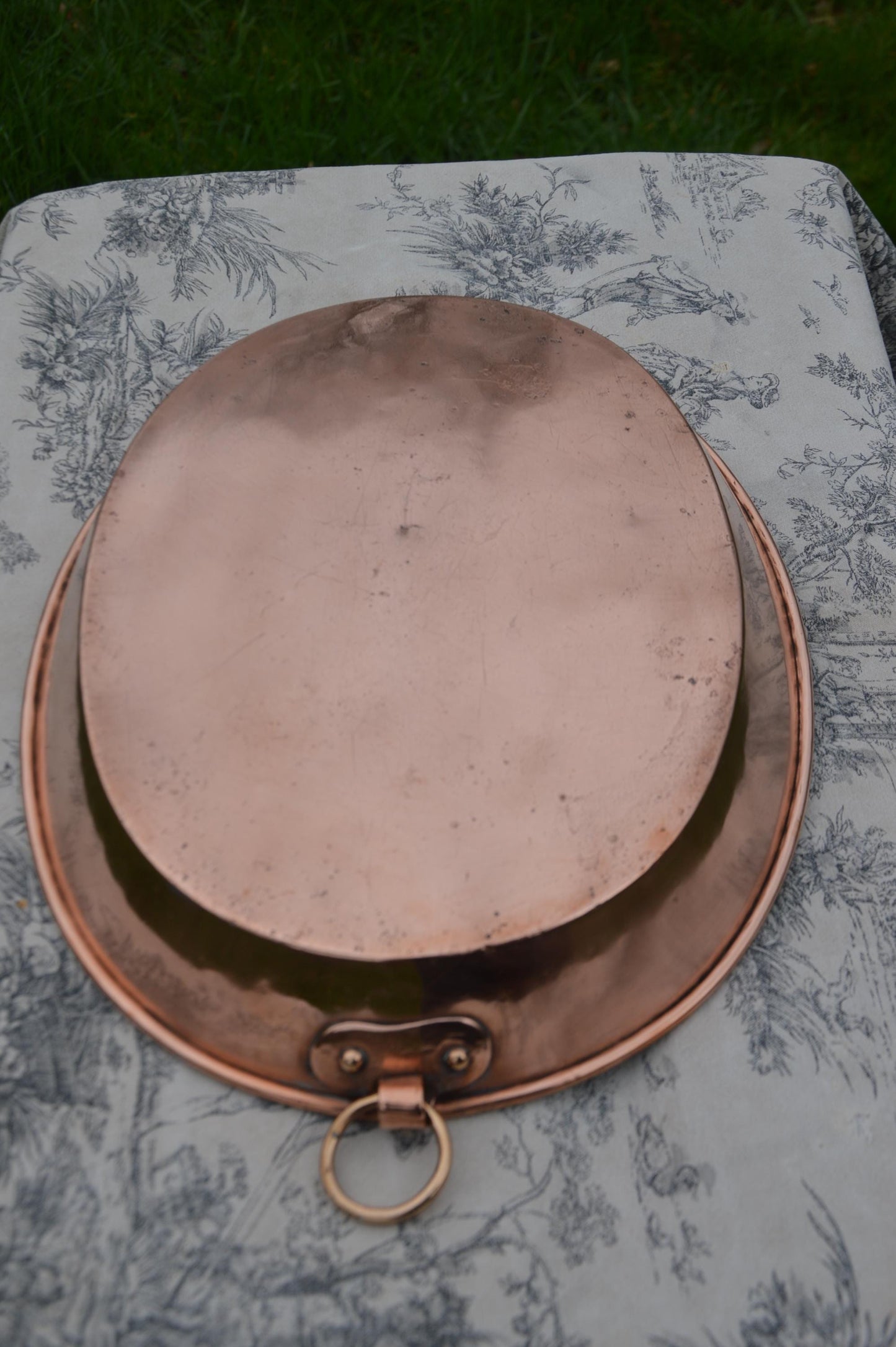 Antique Copper Gratin Pan, Hand-Raised Tin Oven Dish, Oval 38cm