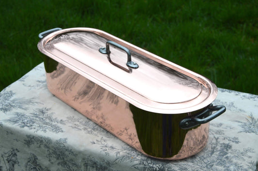Copper Pan Fish Poacher Vintage French Solid Copper Pan Cast Iron Nickel Lined Fish Kettle Poacher Robust Insert Tray