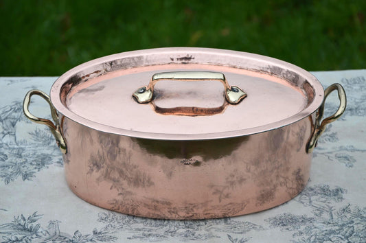 Antique French Copper Casserole Cocotte, Hand Hammered, Bronze Handles, New Tin Lining Gaillard