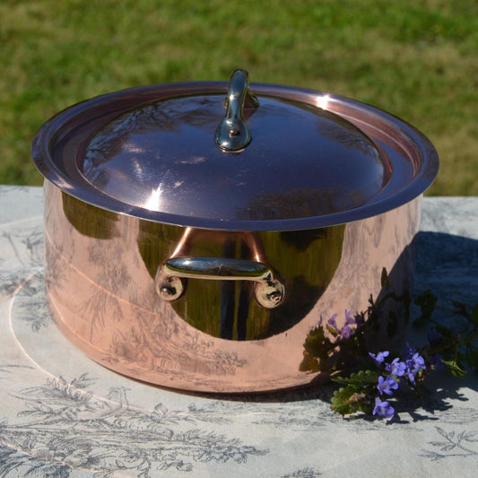 Copper Faitout Casserole New Tin Villedieu Made Vintage Copper Pot Rondeau Dutch Oven Lid 1.8mm Round 20cm 8" Big Pot