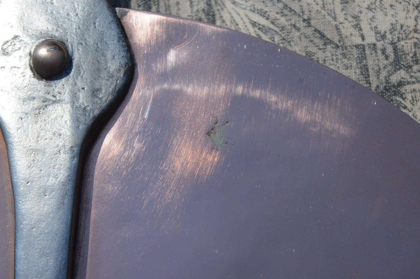 Antique French Copper Splash Lid, 30cm Wrought Iron Handle, New Hand Wiped Tin