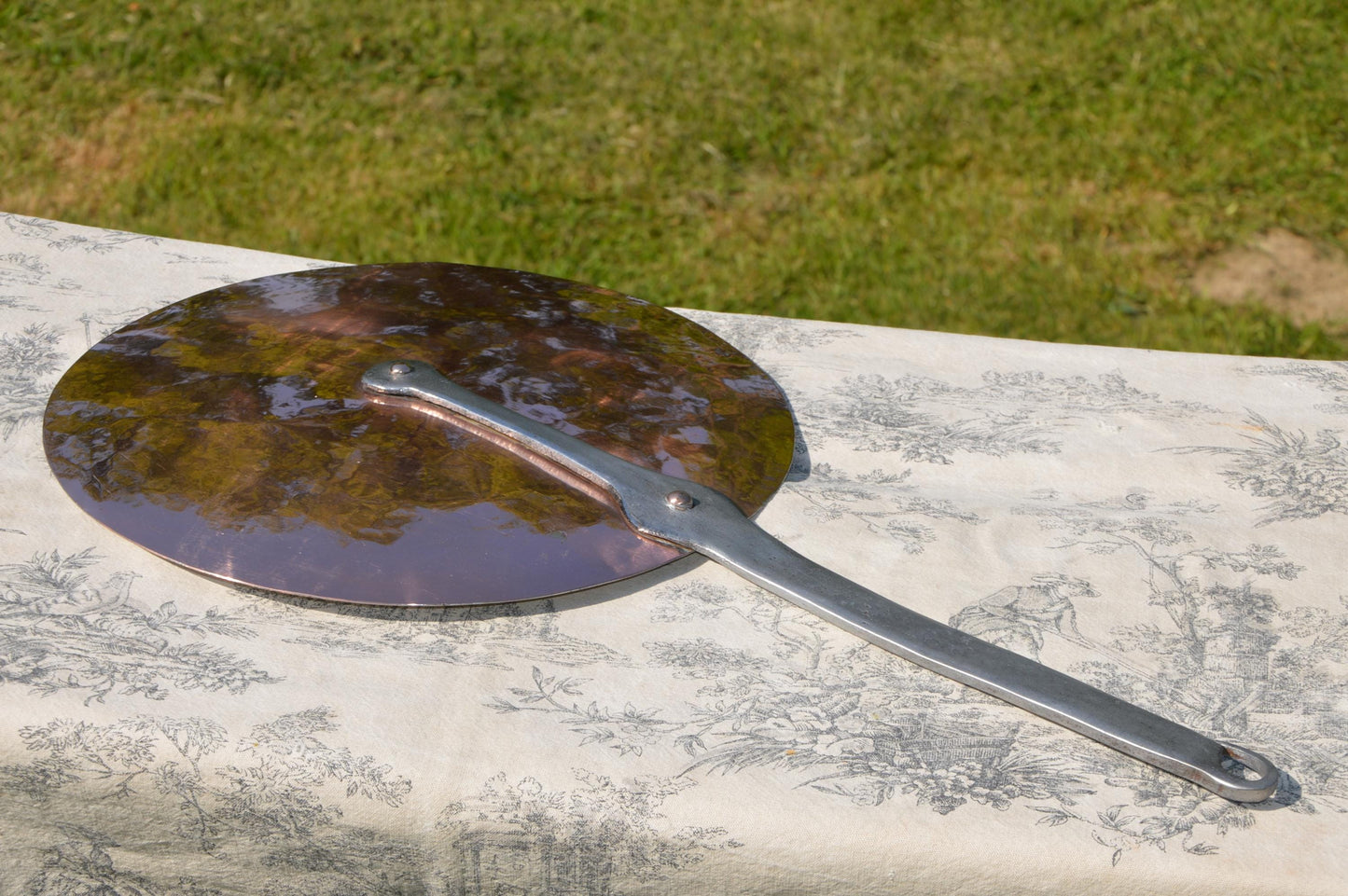 Antique French Copper Splash Lid, 30cm Wrought Iron Handle, New Hand Wiped Tin
