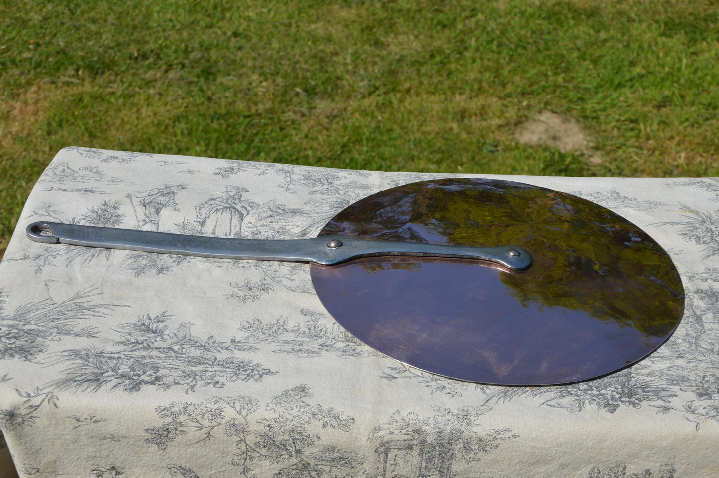Antique French Copper Splash Lid, 30cm Wrought Iron Handle, New Hand Wiped Tin