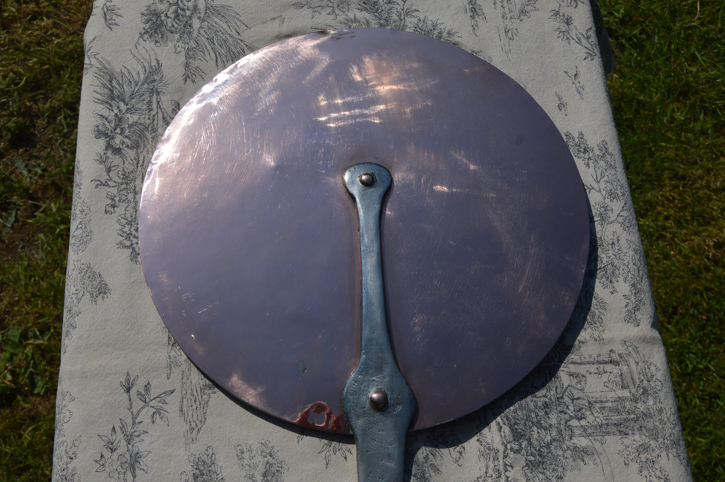 Antique French Copper Splash Lid, 30cm Wrought Iron Handle, New Hand Wiped Tin