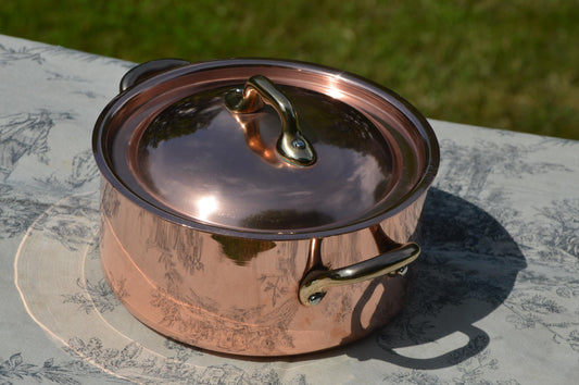 Vintage Copper Dutch Oven, Nickel-Lined Casserole Pot with Bronze Handles (Made in France)