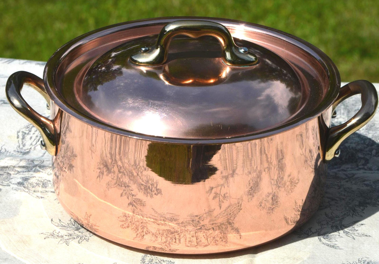 Vintage Copper Dutch Oven, Nickel-Lined Casserole Pot with Bronze Handles (Made in France)