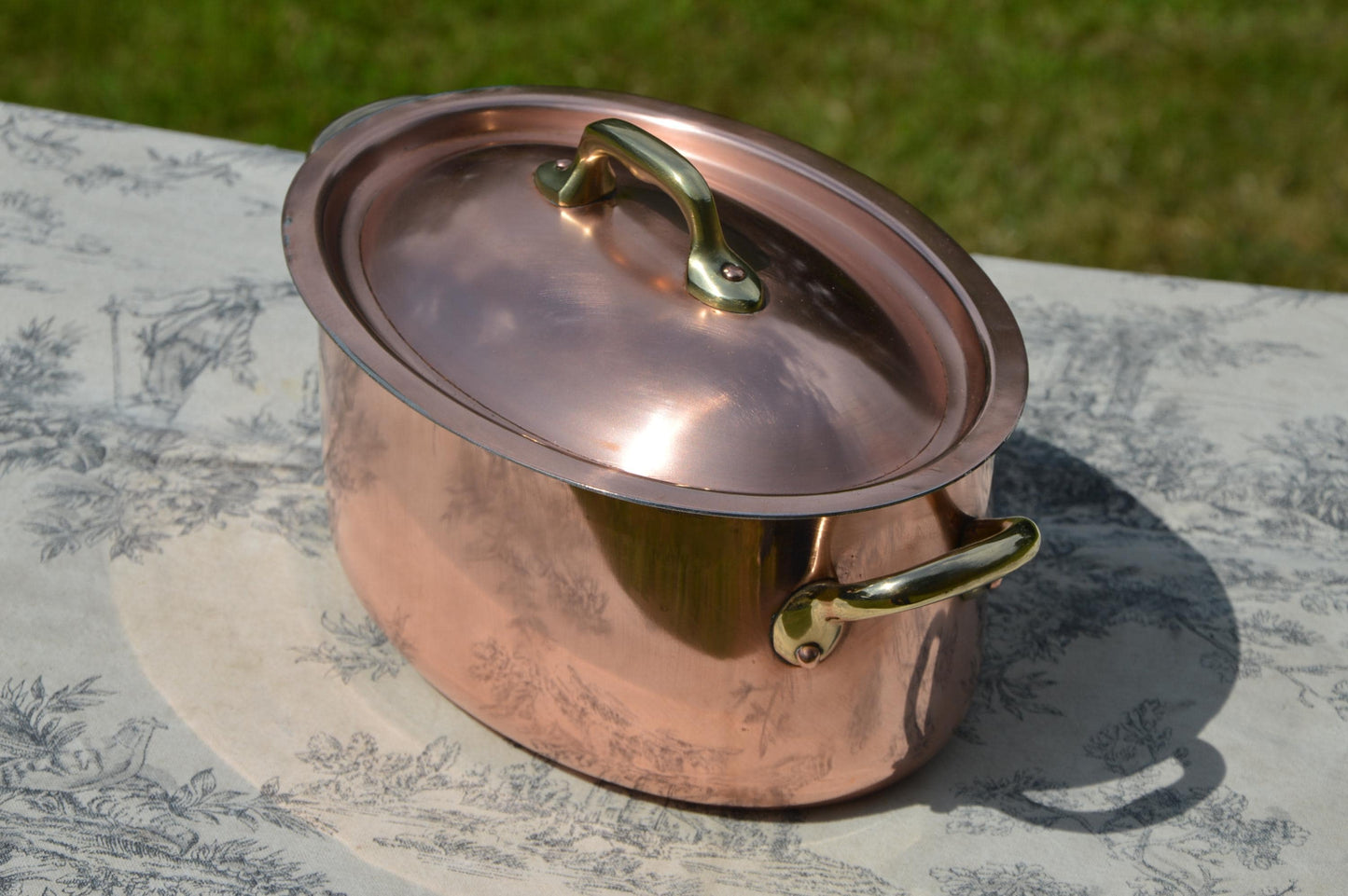 Vintage French Copper Casserole Pan Pot Dutch Oven Lid New Hand Wiped Tin Cocotte 1.6mm Oval 20cm 8" Made In France Villedieu Made
