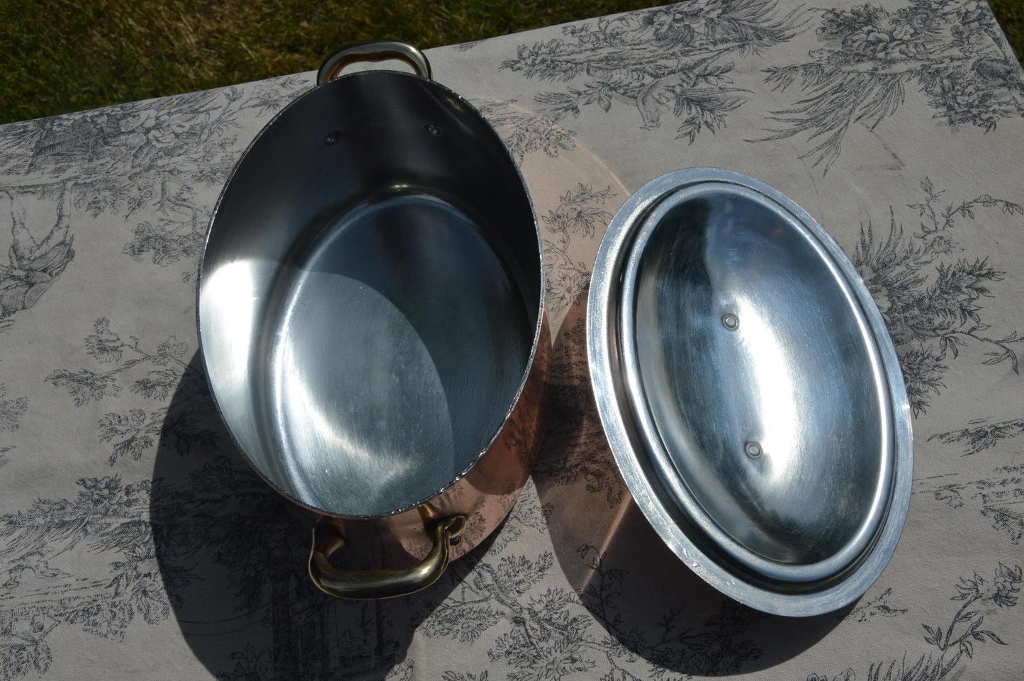 Vintage French Copper Casserole Pan Pot Dutch Oven Lid New Hand Wiped Tin Cocotte 1.6mm Oval 20cm 8" Made In France Villedieu Made