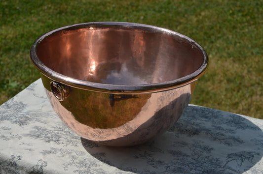 Antique French Copper Mixing Bowl: Massive 34cm Full Round with Cast Iron Ring Handle