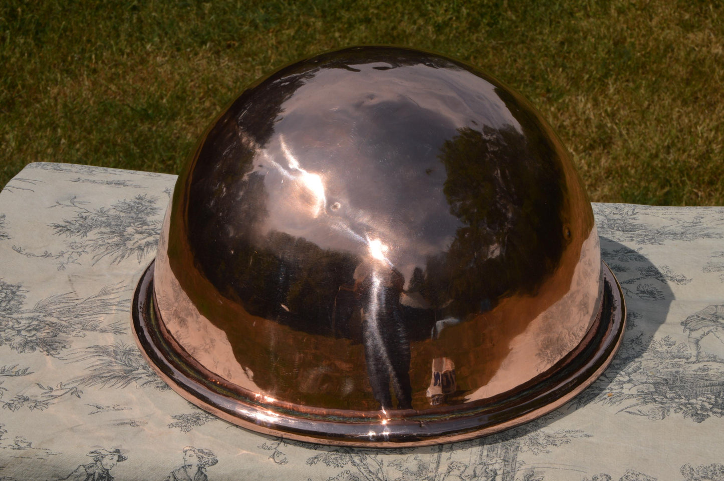 Antique French Copper Mixing Bowl: Massive 34cm Full Round with Cast Iron Ring Handle