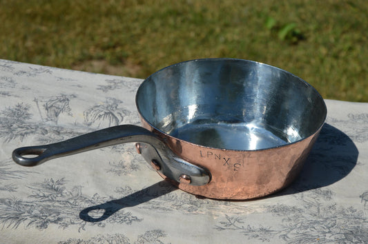 Antique French Copper 2.3mm New Tin Lined Professional Windsor Splayed Sauce Pan Sauteuse Evasee 20cm Forged Iron Handle Showing Age.