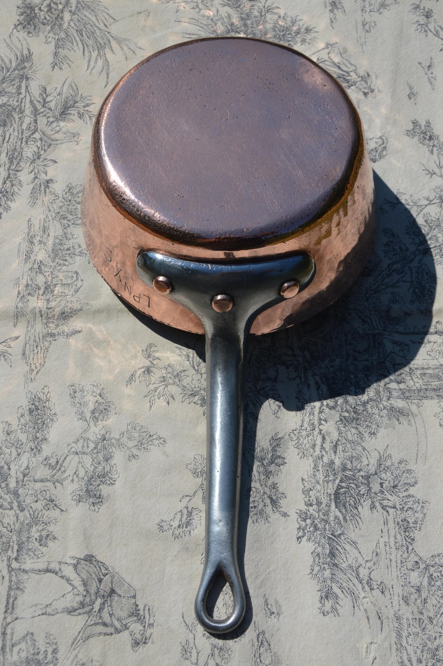 Antique French Copper 2.3mm New Tin Lined Professional Windsor Splayed Sauce Pan Sauteuse Evasee 20cm Forged Iron Handle Showing Age.