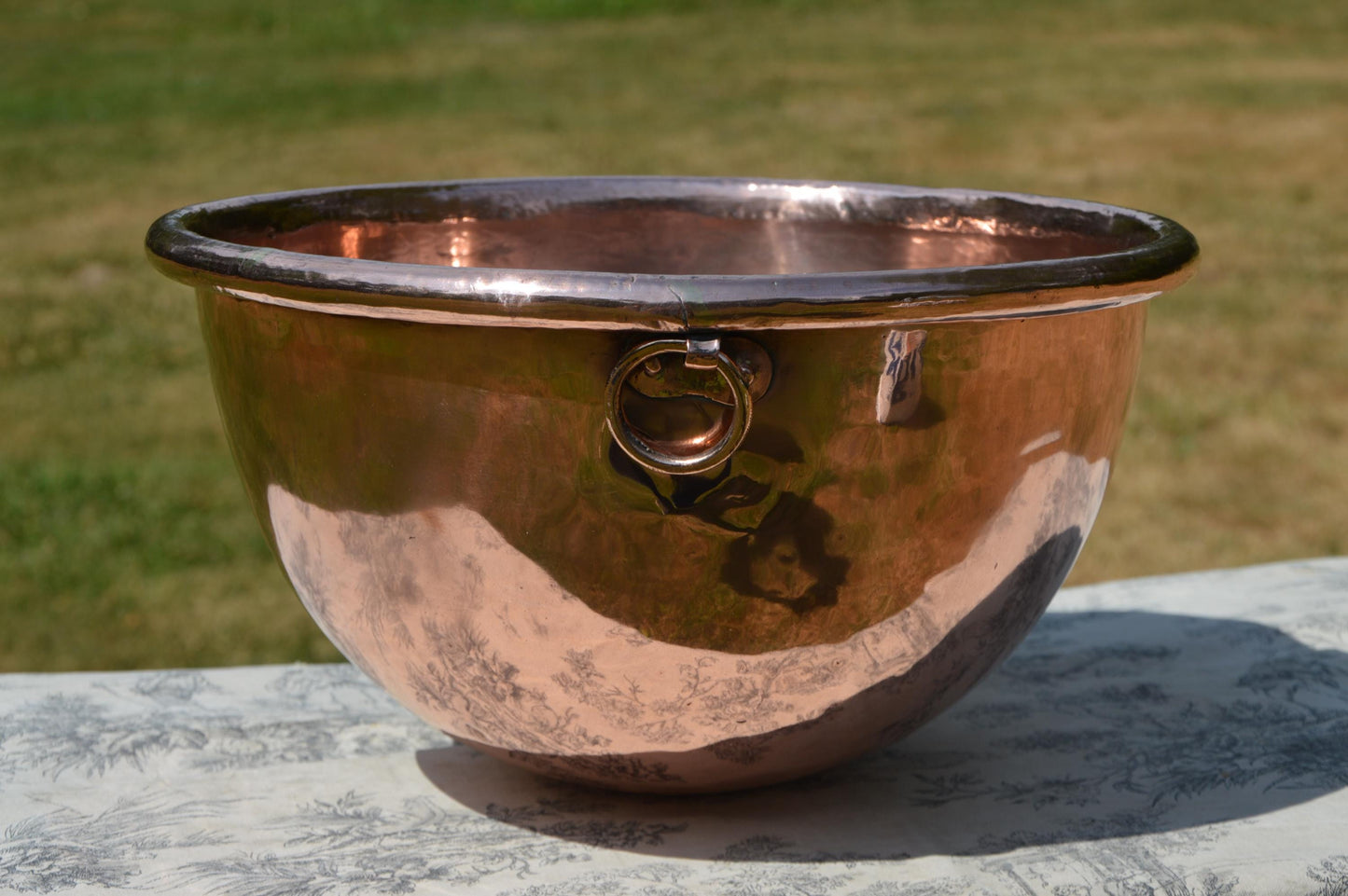Antique French Copper Mixing Bowl: Massive 34cm Full Round with Cast Iron Ring Handle