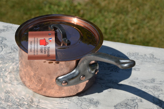 Vintage Copper Pan 2.5mm 16cm 7" French Professional Pot Saucepan New Tin Iron Handle Small Edge Dent NKC New Lid Made in France