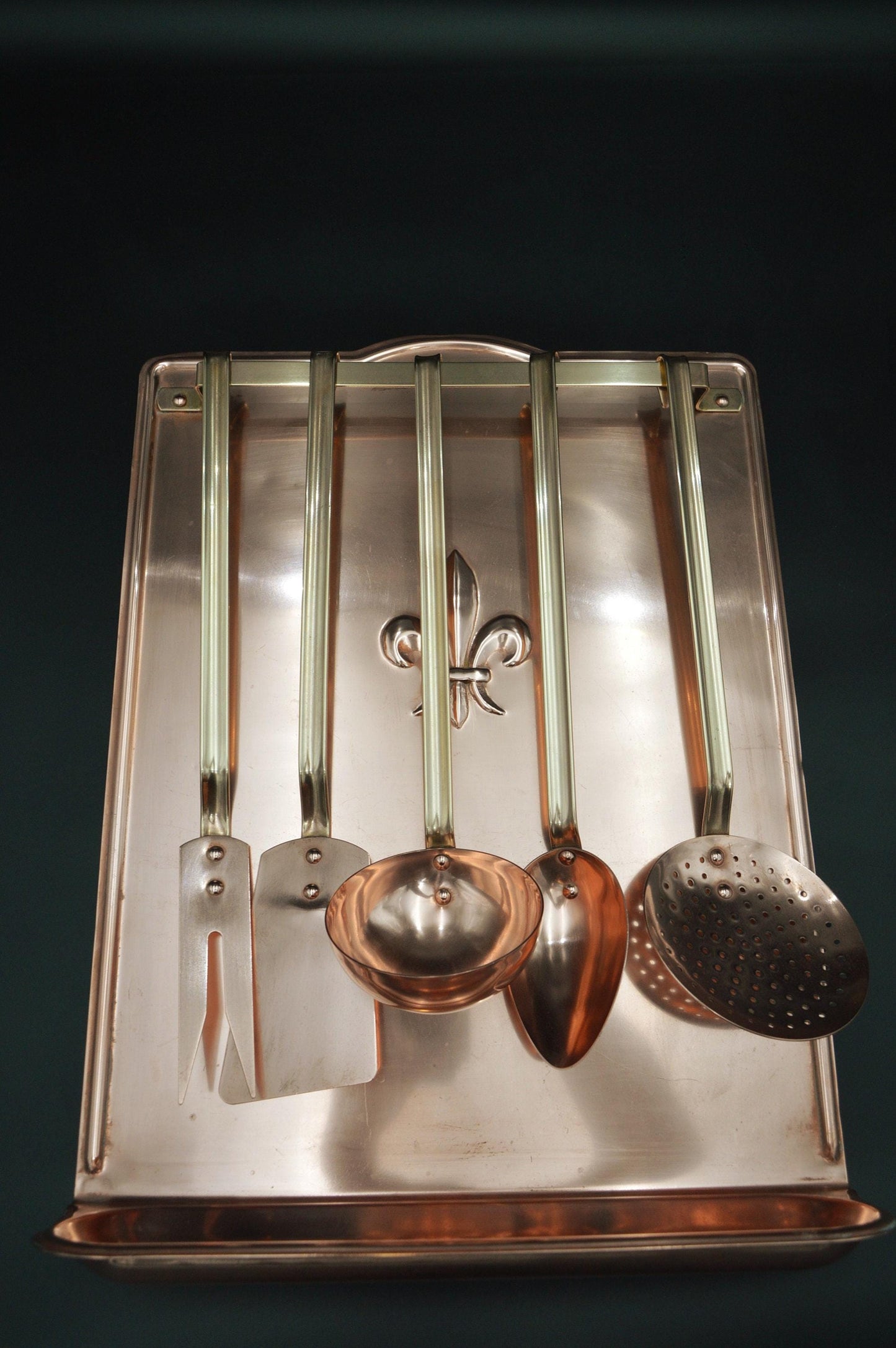 Antique Copper Utensils Fleur de Lys Drainer French Copper Bronze and Copper Kitchen Utensils Hanging Rail Drip Tray Egouttoir a Cuilleres