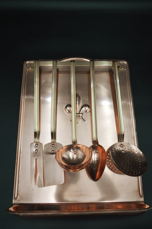 Antique Copper Utensils Fleur de Lys Drainer French Copper Bronze and Copper Kitchen Utensils Hanging Rail Drip Tray Egouttoir a Cuilleres