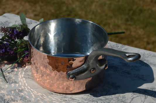 Matfer French Vintage Copper 16cm 6 1/4" Villiedieu Hammered Saucepan 3mm Saute Pan Cast Iron Handle New Bill Cox Artisan Hand Wiped Tin