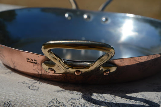 New Tin Gratin Pan French Copper Vintage Dish Round 18cm 7 inch Copper Pan Three Copper Rivets Bronze Handles Made in France