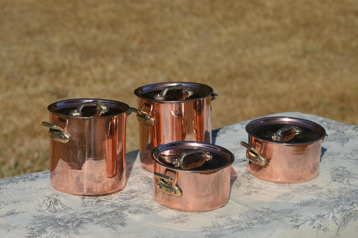 Miniature Chef's Set Small Individual's Two Casseroles and Two Faitouts Vintage French Copper Pans Cast Bronze Handles New Bill Cox Tin
