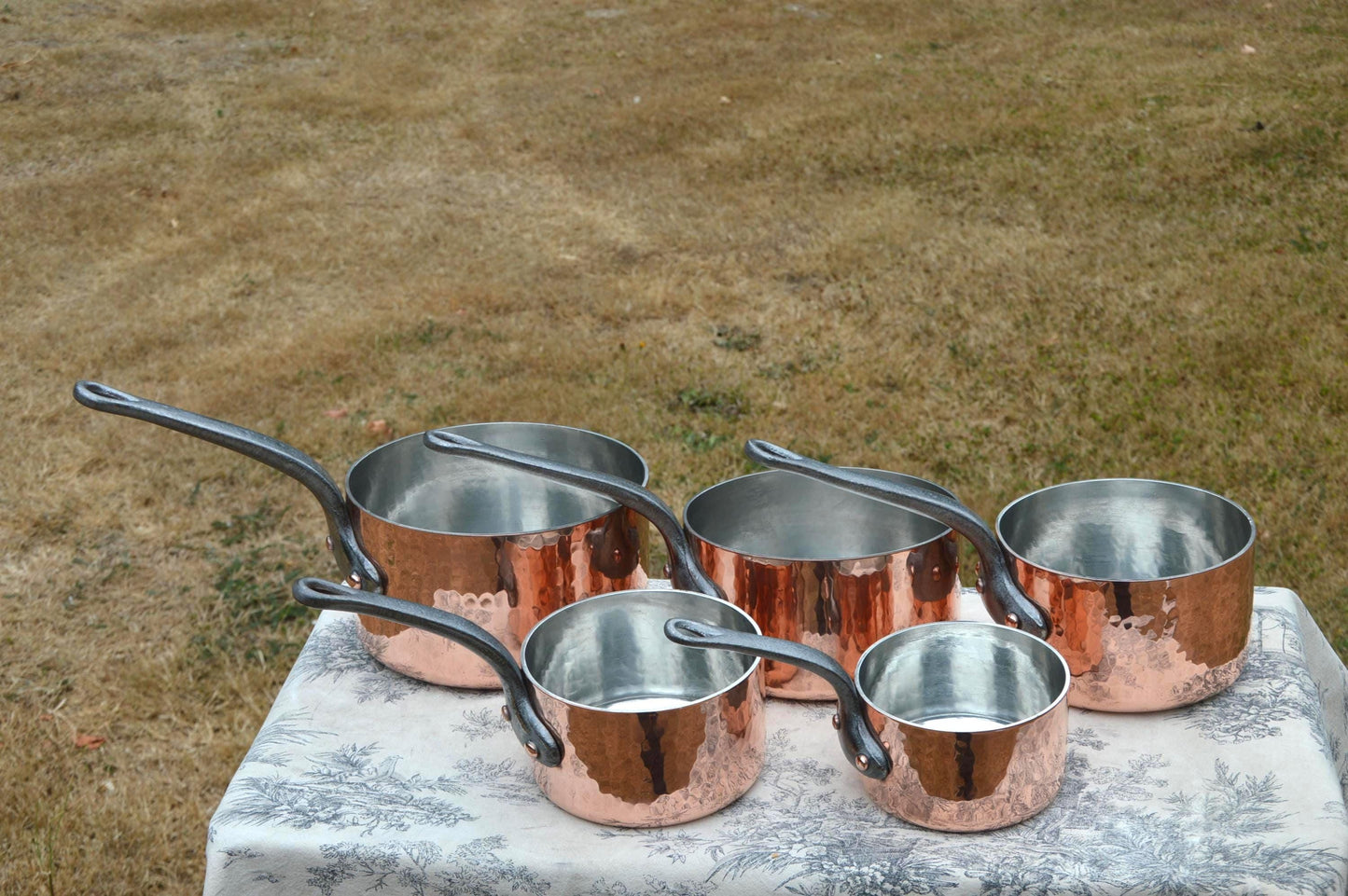 Set Copper Pans 2.8-3mm Five New In House Tin Lining Hammered Villedieu