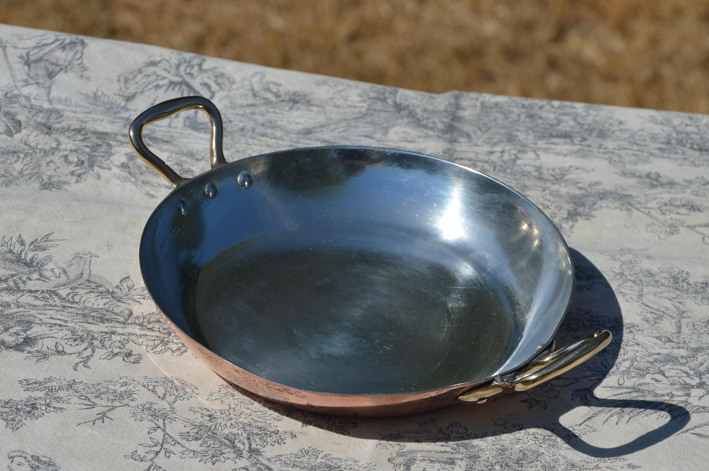 New Tin Gratin Pan French Copper Vintage Dish Round 18cm 7 inch Copper Pan Three Copper Rivets Bronze Handles Made in France