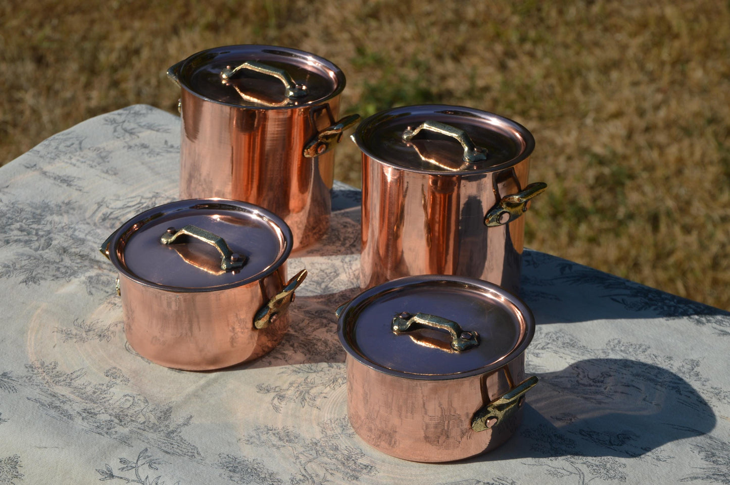 Miniature Chef's Set Small Individual's Two Casseroles and Two Faitouts Vintage French Copper Pans Cast Bronze Handles New Bill Cox Tin