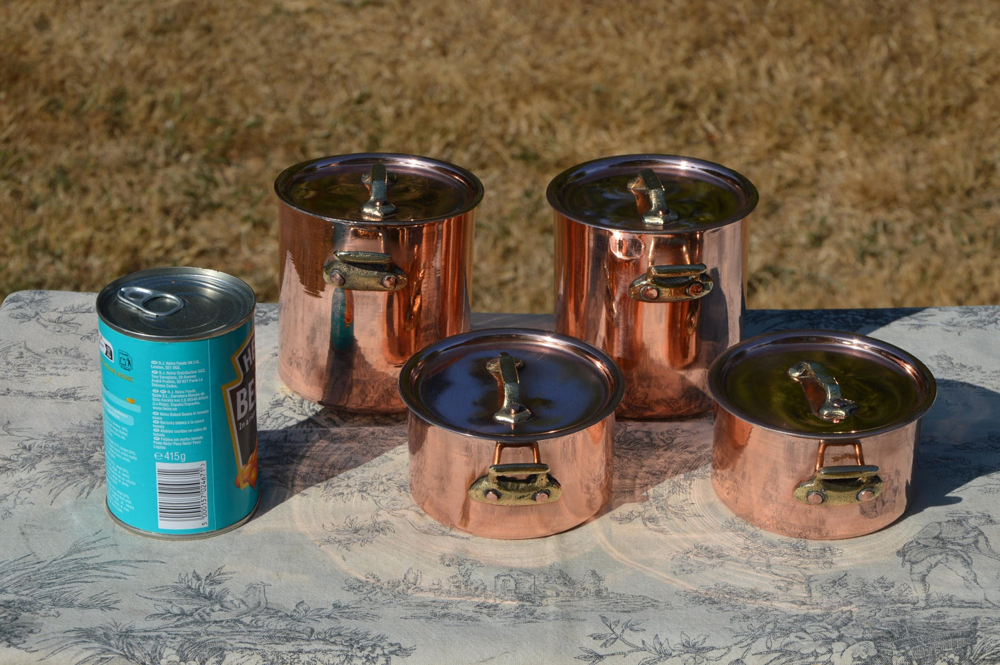 Miniature Chef's Set Small Individual's Two Casseroles and Two Faitouts Vintage French Copper Pans Cast Bronze Handles New Bill Cox Tin