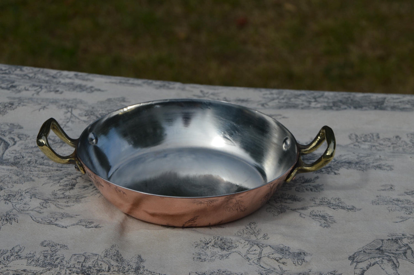 Vintage New Tin Gratin Pan French Copper Pan Vintage Copper Dish Round 16cm 6 1/4 inch Copper Pan Three Copper Rivets Bronze Handles