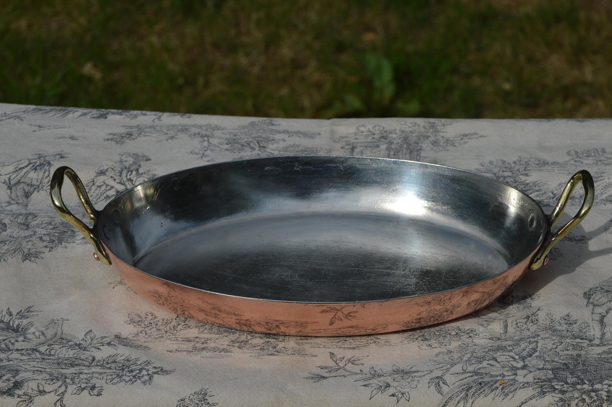 Antique Copper 26cm 10 1/4" Gratin Pan French Vintage Copper New Artisan Tin Roasting Dish Oval Oven Bronze Handles Stamped Made in France